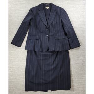 Vintage Talbots Pinstripe Suit Womens 14 Petite Black Gray‎ Jacket Skirt Set USA